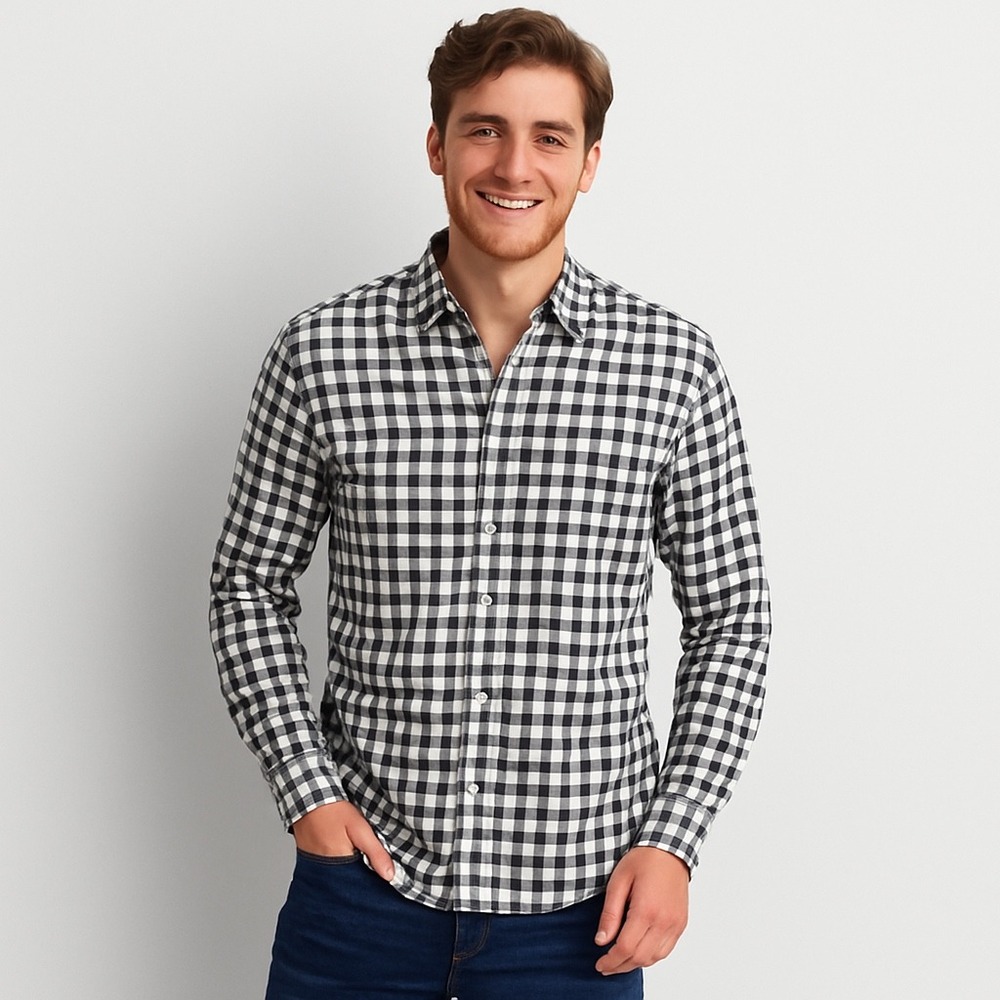 American Eagle Men's XXL Black White Gingham Check Button Down Shirt Cotton